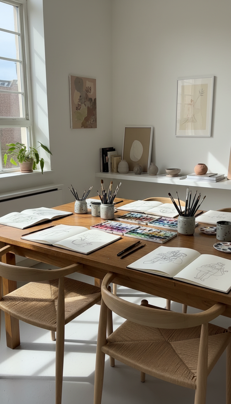 Calm, minimalist scene of an art classroom: a large wooden table with sketchbooks, watercolor palettes, and brushes neatly laid out in front of two empty chairs, with soft natural light coming from the side. The mood is welcoming and studious, illustrating small group drawing and painting lessons.