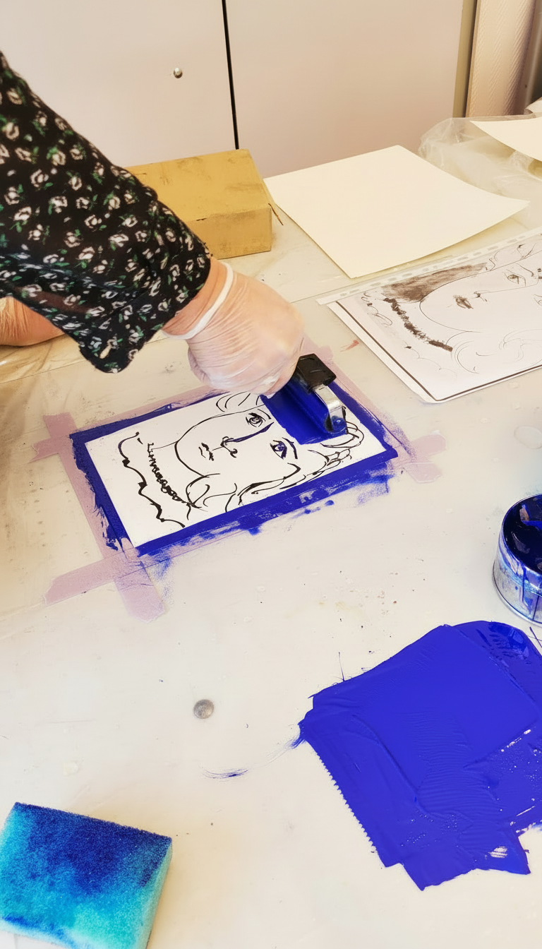 Éclaircir légèrement l’image existante de l’atelier (sans la surexposer) pour la rendre un peu plus lumineuse tout en conservant les couleurs naturelles, le contraste doux et l’ambiance artistique. Conserver le cadrage et le format carré pour une utilisation sur une page de présentation de cours d’art.