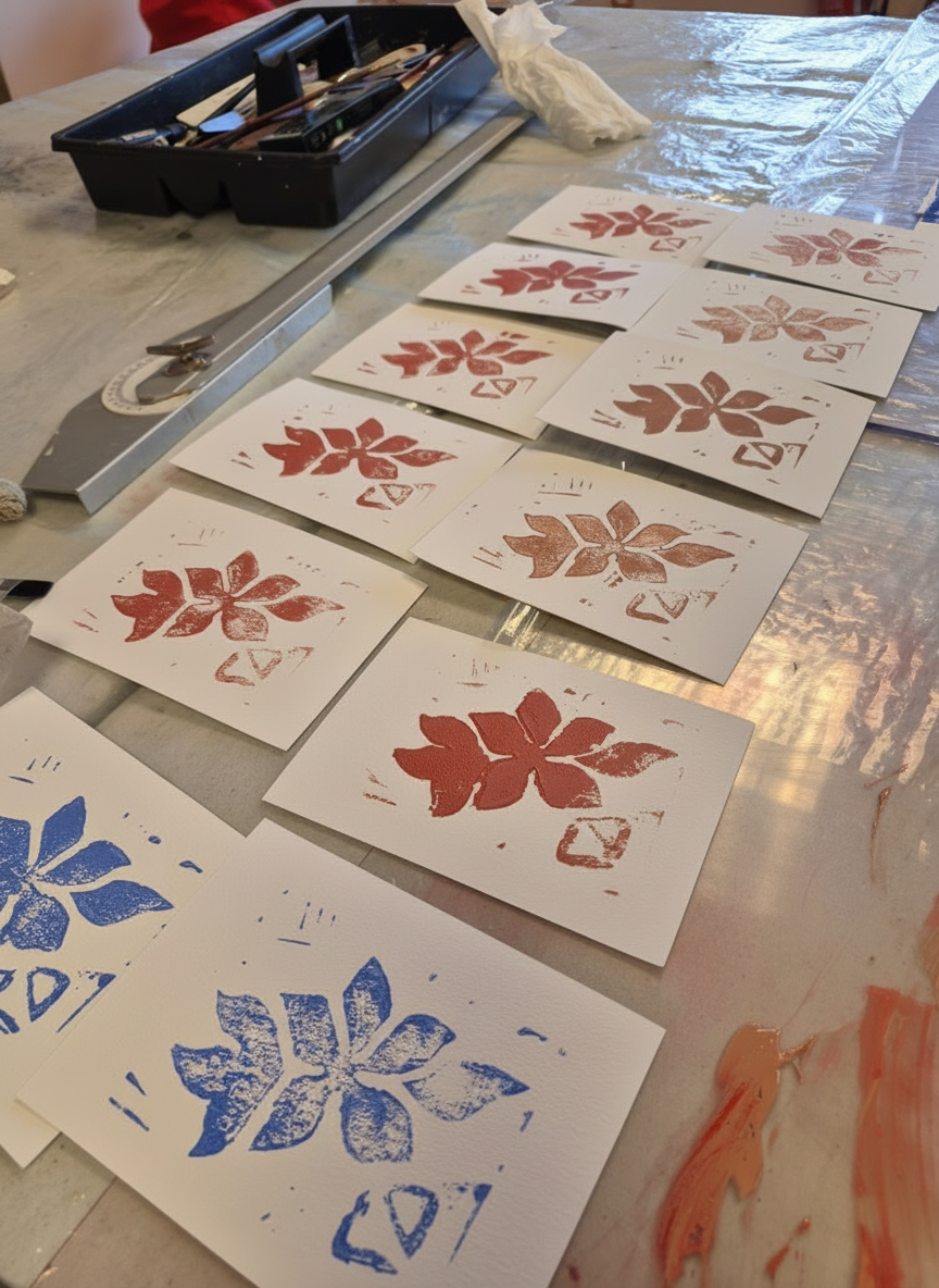 Éclaircir la photo de l’atelier de peinture et d’estampe pour un rendu plus lumineux et engageant. Garder le réalisme et la chaleur de l’espace.