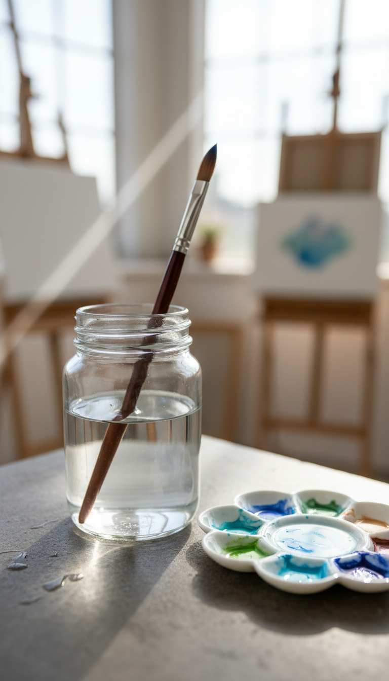 A glass jar filled with clear water, holding a single, finely crafted sable watercolor brush with soft, tawny bristles just lightly tinged with ultramarine pigment. The jar is set on a muted grey stone surface beside a delicate white porcelain paint palette dotted with translucent washes of blues and greens. The environment is an airy atelier corner with subtle daylight streaming horizontally, creating intricate highlights and delicate reflections on the water’s surface. The mood is serene and refined, captured with a close-up, eye-level composition and shallow depth of field, conveying attention to detail and the elegance of artistic technique.