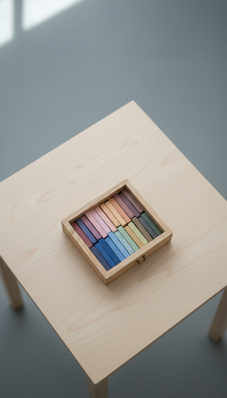Delicately arranged soft pastel sticks in an array of muted blush, indigo, sage, and ochre hues displayed within a hand-crafted wooden box, nestled on a minimalist sanded birch table. The background is a quiet, uncluttered expanse of soft grey that echoes the gentle sophistication of the pastels. Overhead, a subdued skylight lets in soft, even daylight, bringing out the powdery texture and subtle color transitions among the pastels. The camera angle is an overhead bird’s eye view with sharp focus and crisp separation between subject and background, setting a calm, poised, and studiously creative mood for a refined atelier setting.