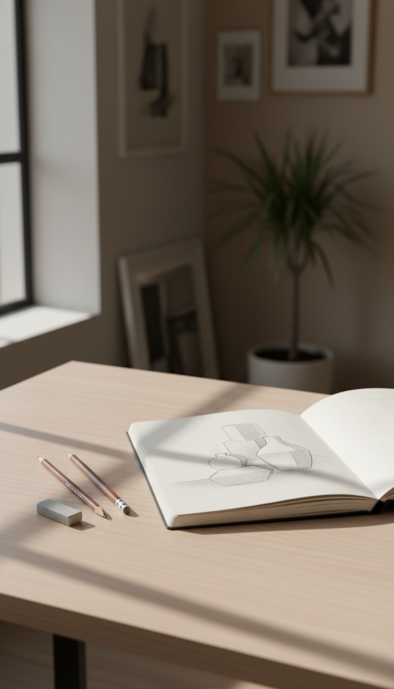 An opened sketchbook on heavyweight off-white paper, featuring a minimalist graphite still-life drawing in progress—delicate lines and subtle shading. Resting beside it are refined graphite pencils and a slender pearl-grey eraser. The sketchbook sits on a clean, uncluttered desk in a muted artist’s studio with soft, indirect light streaming from the left, casting gentle, elongated shadows that add depth. The composition follows the rule of thirds with sharp focus on the sketch-in-progress, surrounded by negative space. The mood is contemplative and elegant, aligning with a sophisticated, photographic minimalist aesthetic ideal for an art education setting.