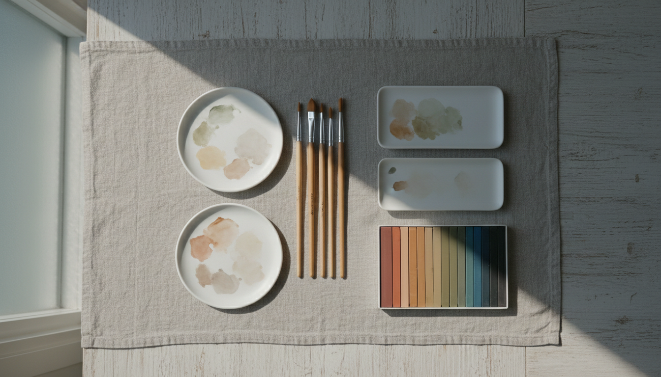 A refined collection of artist’s tools including pristine wooden-handled paintbrushes, smooth ceramic palettes with subtle watercolor stains, and neatly arranged pastel sticks in delicate earth tones. These are laid out on a muted linen cloth atop a pale wooden table. Diffused morning light filters softly through a frosted glass window, creating gentle gradients of shadow and highlighting the subtle textures of the materials. The scene is composed with a centered, slightly elevated perspective, emphasizing elegance and order. The mood is calm, sophisticated, and quietly inspiring, with a minimalist photographic realism that reflects the atelier’s ethos of creative exploration in a serene educational environment.